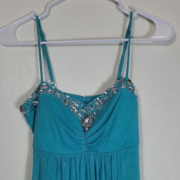 Y2K B Darlin Sparkly Teal Prom Dress XS/S Glitter Fairycore Jewel Gown 0/2 90s - Picture 2 of 10